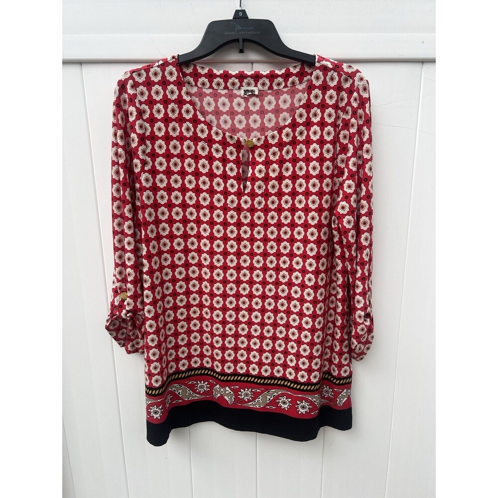 Anne Klein Red Tunic Blouse Red Geometric Stretch Roll Tab Sleeve Medium *